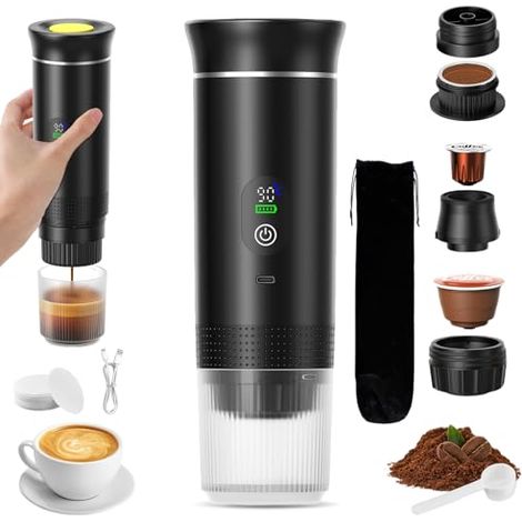 Macchina da caffè portatile 3 in 1, ricaricabile, ideale per viaggi, con funzione espresso, 12V, capsule e caffè macinato, perfetta per campeggio, ufficio, viaggi, casa e auto (nera) (1/5)