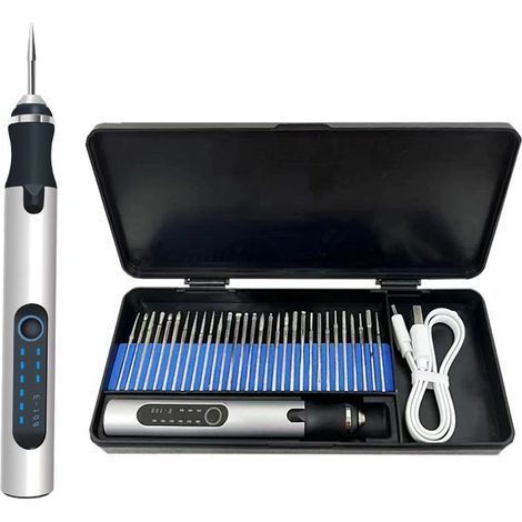 Stylo Graveur Électrique, Graveur Électrique Mini Outil Graver Bricolage, Mini Stylo De Gravure USB Rechargeable Stylo Graveur Multifonctionnel, Pour Bijoux Métal Verre Pierre Plastique Bois, Argent-C (1/5)