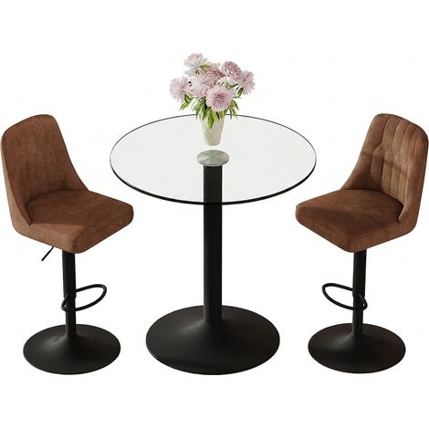 Ensemble table de bar et 2 tabourets, table ronde en verre 89 cm, sièges pivotants et réglables pour cuisine ou espace bar (1/5)