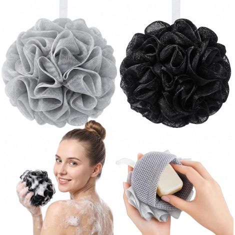 2 Éponges Douche Exfoliantes Filet PE doux mousse riche exfoliation douce séchage rapide Fleur de (1/5)
