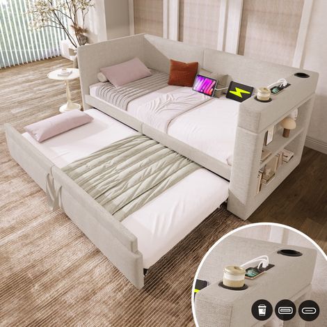 Cama nido 90x200 cm beige en mezcla de algodón y lino con cama extraíble, puertos USB y Type-C (1/5)