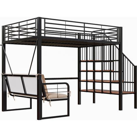 Lit mezzanine en métal 140 x 200 cm noir avec canapé amovible, rangement et escalier sécurisé (1/5)