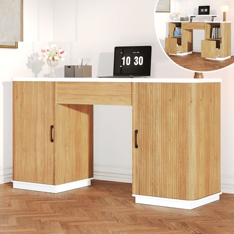 Höhenverstellbarer Schreibtisch 140x50x78-92 cm MDF Weiß/Eiche, 2 Schubladen – MEUBLIV (1/5)