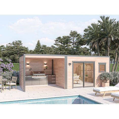 Abri de piscine 21m2 en bois douglas 55mm – Toit en acier – Baie vitrée alu – Fabrication française – Monnet Seve (1/5)