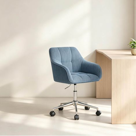 Chaise de bureau pivotante rembourrée en velours côtelé bleu (1/5)
