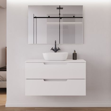 Meuble de salle de bain 100cm avec plateau et vasque à poser arrondie - 2 tiroirs - blanc mat - SONRIZA (1/5)