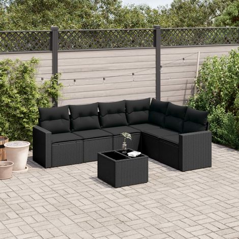 vidaXL 7-tlg. Garten-Sofagarnitur mit Kissen Schwarz Poly Rattan (1/5)
