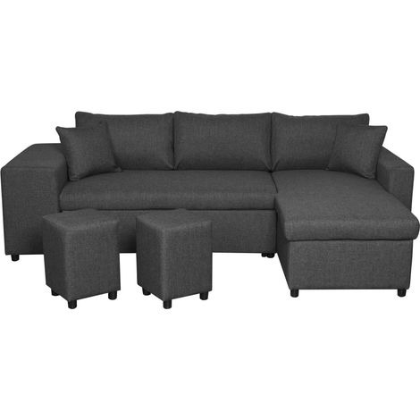 Canapé d'angle réversible OSLO avec coffre et poufs gauche - Tissu gris foncé (1/5)