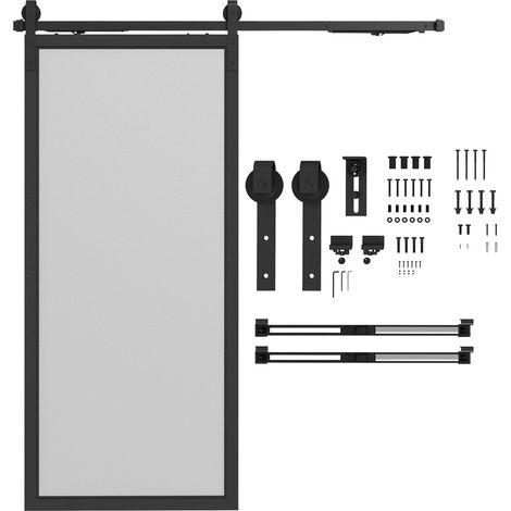 Juego de herrajes para puerta corredera, 183 cm, con rieles, ruedas, dispositivo antisalto, tope de puerta, guía de suelo, acero al carbono, negro