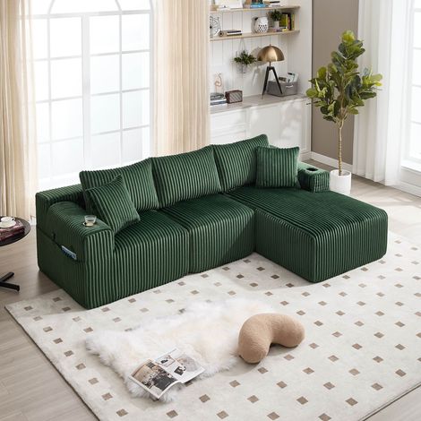 Canapé modulable avec méridienne 2 places en velours côtelé, 5 coussins,
porte-gobelet, diy salon (1/5)