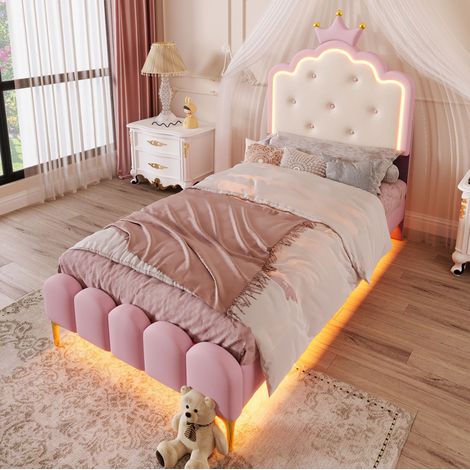 Cama tapizada con forma de corona 90 x 200 cm, somier de láminas, PU rosa y LED (1/5)