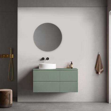 Mobile bagno sospeso cannettato reversibile 100 cm Verde Salvia per Lavabo d'appoggio Specchio Tondo - Fiji Paint Top Canneté (1/4)