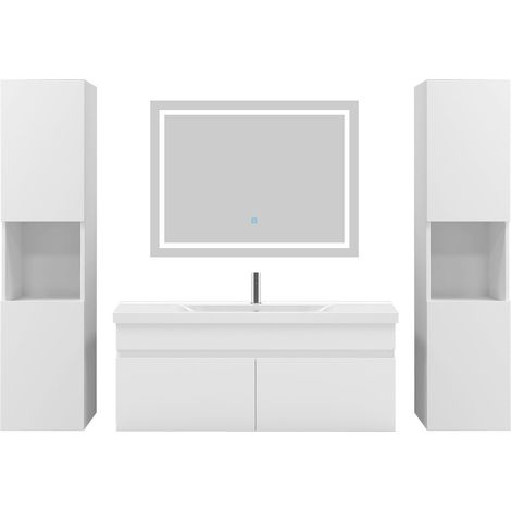 Ensemble meuble de salle de bain 100cm, vasque céramique + colonne haut x2 + LED miroir, blanc