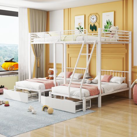 Litera triple de metal blanco 140x200 cm y 90x200 cm, convertible en 3 camas, con 2 cajones