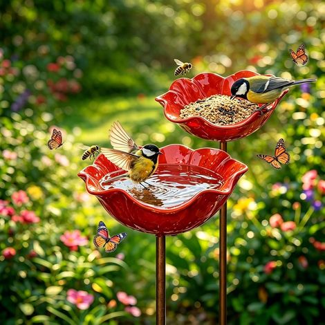 Station d'alimentation pour oiseaux, bain d'oiseaux, en métal, abreuvoir à insectes, fleurs pour le jardin, abreuvoir pour oiseaux, abreuvoir pour abeilles, mangeoire, pour pelouse (C - 2 pièces (1/5)