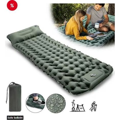 Matelas de camping autogonflant 196 x 65 x 10 cm, avec pompe à pied, oreiller intégré, format compact idéal pour les activités de plein air et la randonnée. (1/5)