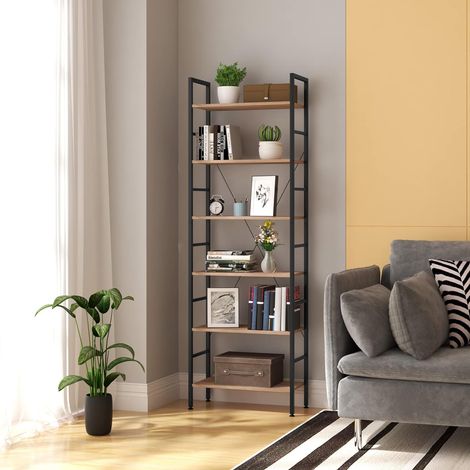 Woltu – Étagère de rangement en bois et métal 60x28x180cm – 6 étagères – Couleur noir et chêne clair – Pour espaces modernes