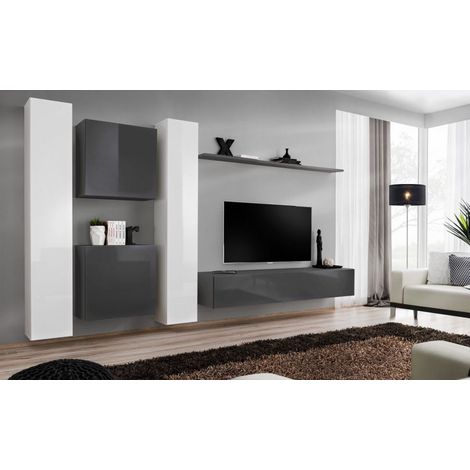 Ensemble mural - Switch VI - 2 vitrines verticales - 1 vitrine carrée - 1 banc TV - 1 étagère - Blanc et graphite - Modèle 1 - Livraison gratuite
