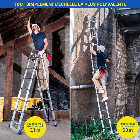 Echelle télescopique articulée 4,4m STEMPAKT, escabeau 2x7 marches pliable professionnel multifonction, H max travail 5,3m, garantie 5 ans, Hoström
