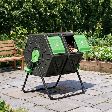 Composteur rotatif double chambre 130 L noir et vert en plastique (1/5)