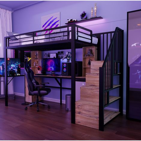 Cama alta 90 x 200 cm con escritorio, almacenaje y USB, negra HAVRYA (1/5)