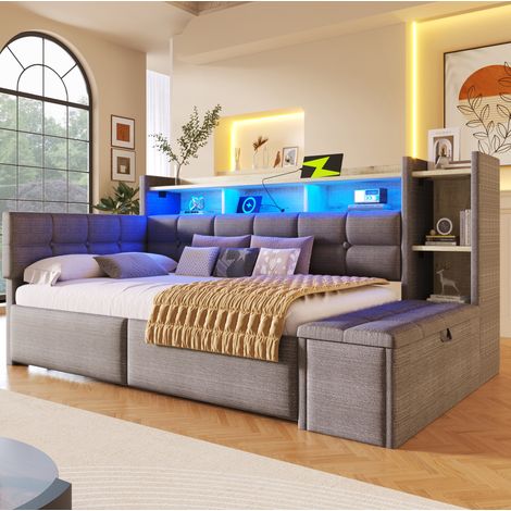 Lit de jour moderne 90x190 cm en velours gris foncé avec tête de lit, 2 tiroirs, banc coffre, LED, USB et Type-C (1/5)