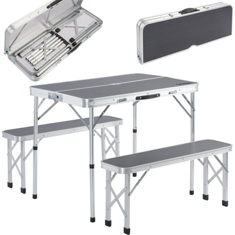 Casaria Set Tavolo da campeggio con 2 panche in alluminio a valigetta tavolino picnic giardino Grigio