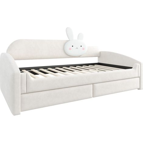 Cama infantil 90 x 200 cm con almacenamiento, LED, terciopelo beige, estilo sofá cama (1/5)