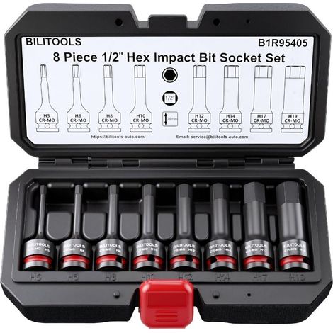 Jeu Lot de 8 Douilles Embout Allen 1/2 H5-H19, embouts hexagonaux à choc en acier Cr-Mo, douilles monobloc pour outil auto (1/4)