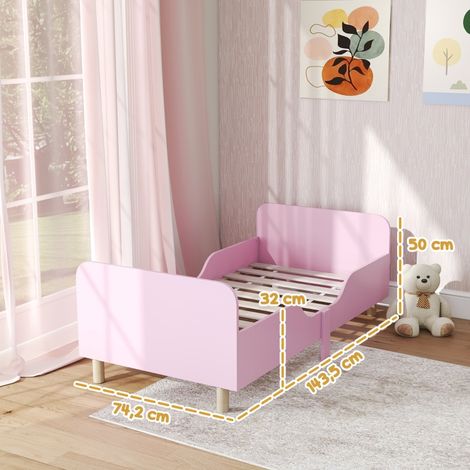 Lit enfant avec barrière de sécurité, cadre en MDF rose, lit simple pour chambre, sans matelas, taille compacte pour petit espace. (1/5)