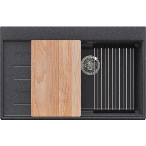PRIMAGRAN Evier Cuisine en Granit 78x50cm,Lavabo 1 bac + Kit de Vidage + Accessoires, Évier à Encastrer au meuble 60cm - Sydney, Graphite