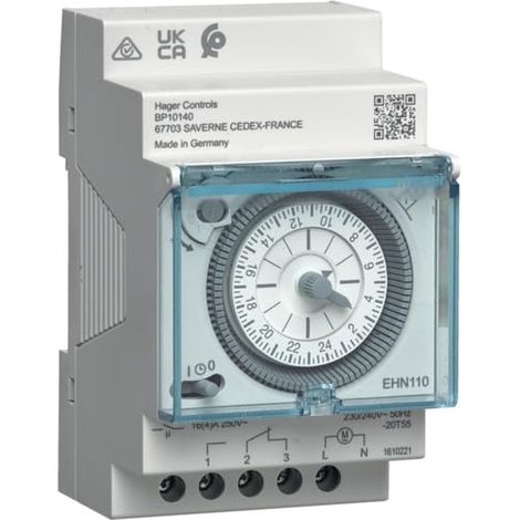 Hager – Interrupteur horaire électromécanique 1 voie 24H – Fixation rail DIN – Tension 230V – Courant max 3A – Indice de protection IP20 (1/2)