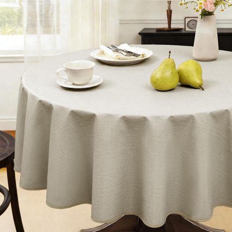 Housse de table cirée ronde 120cm résistant aux intempéries aspect lin vert/beige PVC nappe de jardin