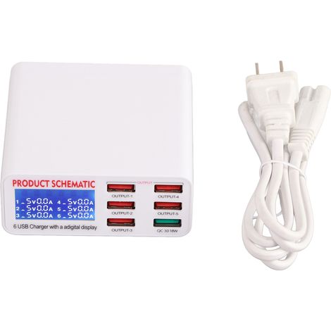 Station de charge USB 6 ports avec écran LCD numérique, identification automatique, prise US 100-240V pour bureau (1/5)