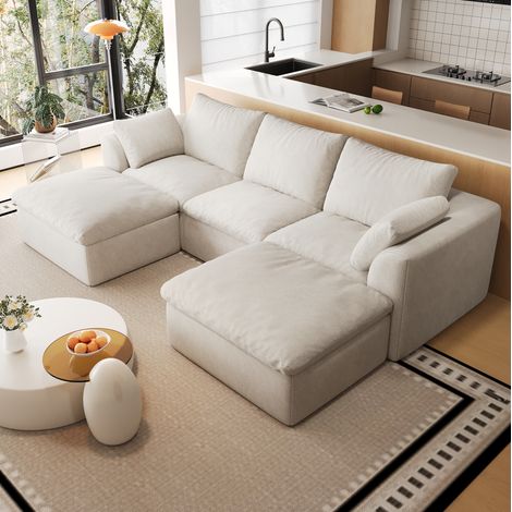 MEUBLIV U-Sofa, 5-Sitzer, 245 x 155 x 83 cm, Leinenstoff Beige-Weiß, komprimiert (1/5)