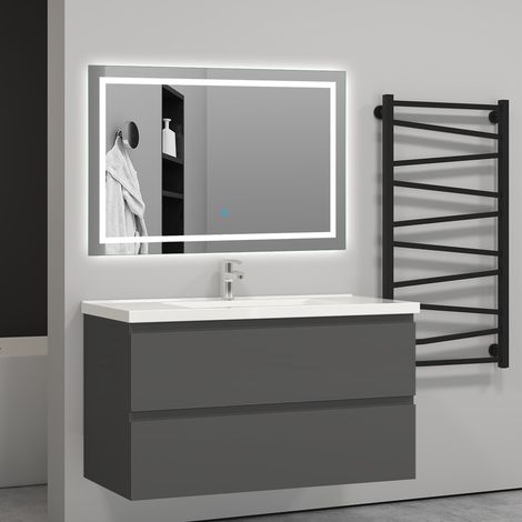 990MM Anthracite MDF material High Gloss Vanity UnitгмWall Mountedгм2 Double-DrawerгмDetachableгмSoft closed + White Ceramic Basin