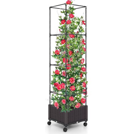 COSTWAY Fioriera con Grigliato per Piante Rampicanti, Letto Rialzato con Spalliera, Sistema di Auto-irrigazione, Altezza Regolabile e Ruote, Fioriera Verticale da Interno ed Esterno (1/5)