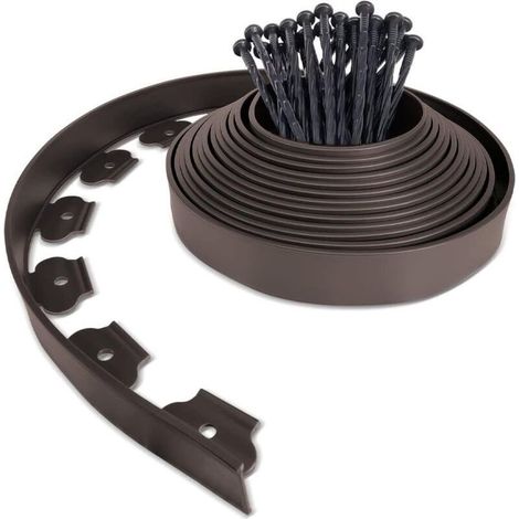 Bordure de jardin en plastique 10m – 30 piquets d'ancrage – Flexible et résistante aux intempéries – Hauteur 50mm – Marron (1/5)