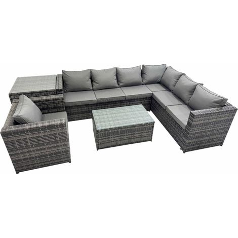 Fimous Outdoor Sofa Oblong Coffee Table Set Rattan Garden Furniture Set with Chair Side Table Dark Grey Mixed (1/5)