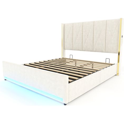 Cama con canapé de terciopelo beige 180x200 cm, cabecero capitoné, USB Type-C y LED (1/5)