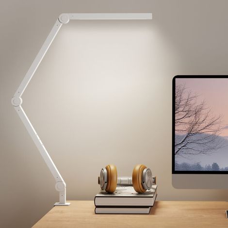 LED Desk Lamp, Dimmable Desk Light with Swing Arm and Clamp, Adjustable Eye-Caring Table Lamp with 2 Colour Modes & 5 Brightness Levels for Study, Drawing, Office, Architect, Task, White (1/5)