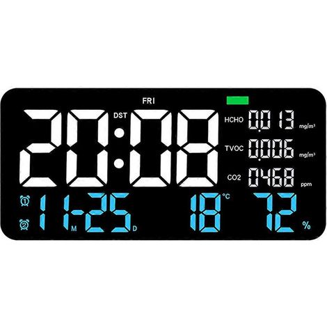 Digitale LED-Wanduhr mit Formaldehyd-/CO2-/TVOC-Anzeige (blau)