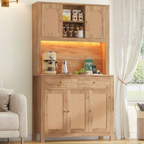Buffet de Cuisine 100 x 40 x 180 cm rangement éclairage LED prises électriques 5 portes en rotin 2 tiroirs rangement alimentaire (1/5)