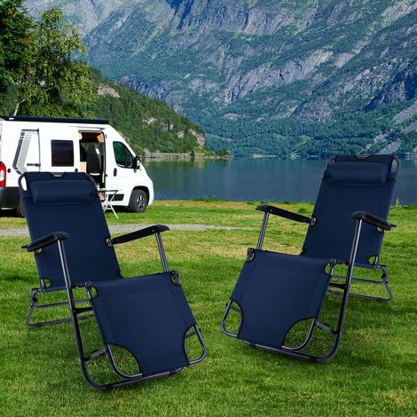 Klappstuhl Gartenstuhl mit Kopfkissen Hochlehner Sonnenliege Strandstuhl Campingstuhl Liegestuhl klappbar, Metall Textil blau schwarz, max. 100kg, L 153 cm, 2er Set