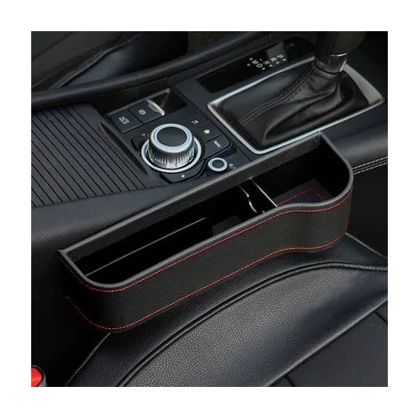 (Cuir noir droit) Boîte de rangement en cuir pour siège auto, pochette de rangement pour siège auto, boîte de rangement universelle pour siège auto avec porte-cartes et porte-téléphone (1/5)