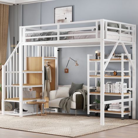 Letto a soppalco per bambini 90x200 cm, con armadio scala e rete a doghe, in metallo e MDF, bianco naturale, senza materasso (1/5)