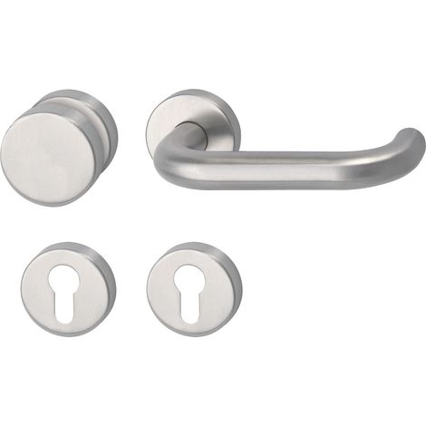 Poignée de porte Harmonie en forme de U + bouton fixe sur rosace ronde PZ, gauche pour porte de 40 à 45 mm d'épaisseur, acier inoxydable mat (1/5)