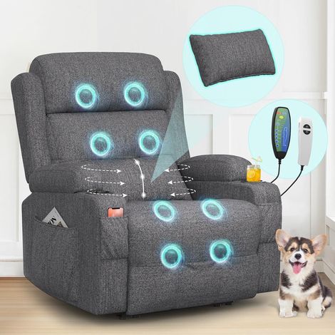 Fauteuil de détente, fauteuil TV, fauteuil de massage électrique inclinable avec fonction chauffante, repose-pieds, 2 poches latérales, porte-gobelet, ports USB et Type-C, tissu gris foncé