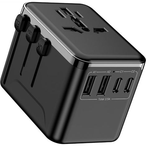 Universeller Reiseadapter mit USB-C: Weltweiter Steckeradapter mit 4 USB-Anschlüssen,25 W Schnellladung und 2500 W Leistung (1/2)