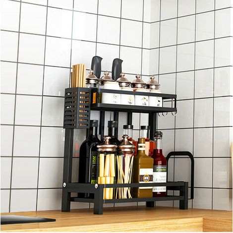 Étagère à épices à double niveau, étagère de rangement pour épices de comptoir de cuisine, acier inoxydable, 342x141,7 cm, noir.